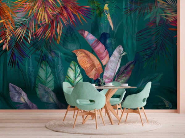 Colorful tropical leaves and birds Colorful tropical leaves and birds