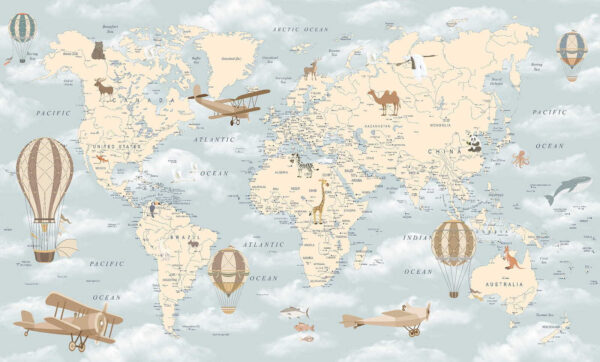 Map of the world with different animals and birds Map of the world with different animals and birds