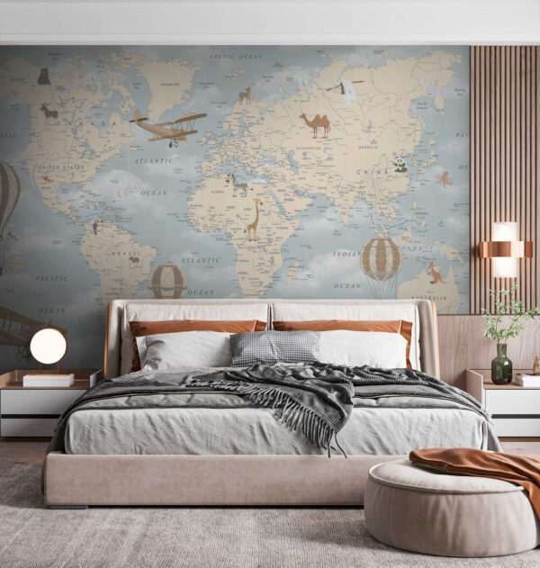 Map of the world with different animals and birds Map of the world with different animals and birds