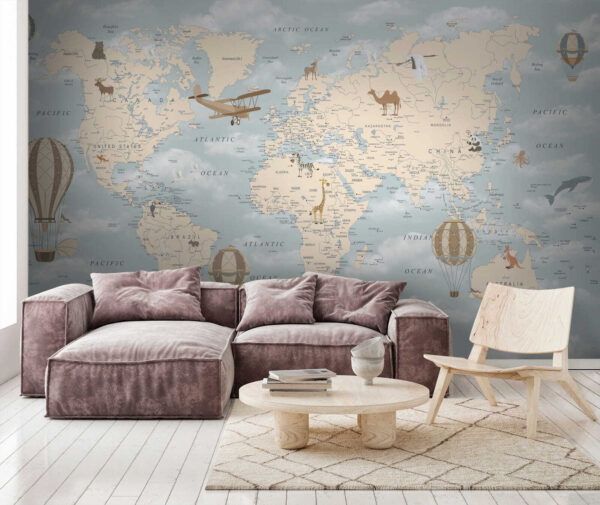 Map of the world with different animals and birds Map of the world with different animals and birds