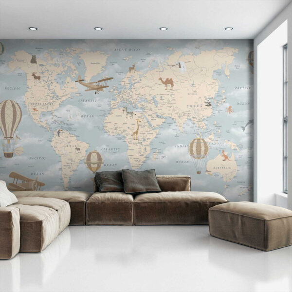 Map of the world with different animals and birds Map of the world with different animals and birds