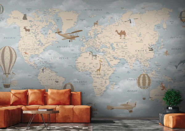 Map of the world with different animals and birds Map of the world with different animals and birds