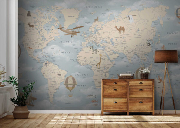 Map of the world with different animals and birds Map of the world with different animals and birds