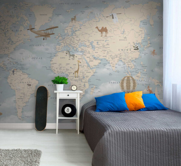 Map of the world with different animals and birds Map of the world with different animals and birds