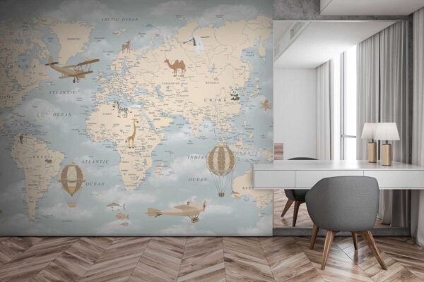 Map of the world with different animals and birds Map of the world with different animals and birds