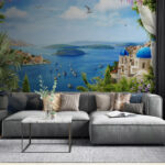 Wall mural View of a city and water from a balcony