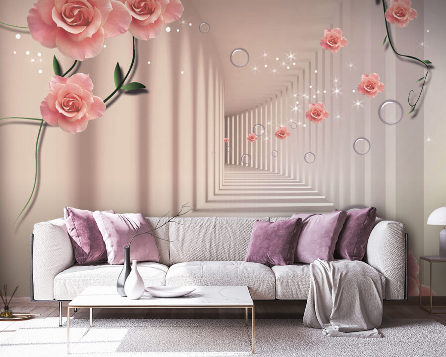 Wallpaper with pink roses and white stairs