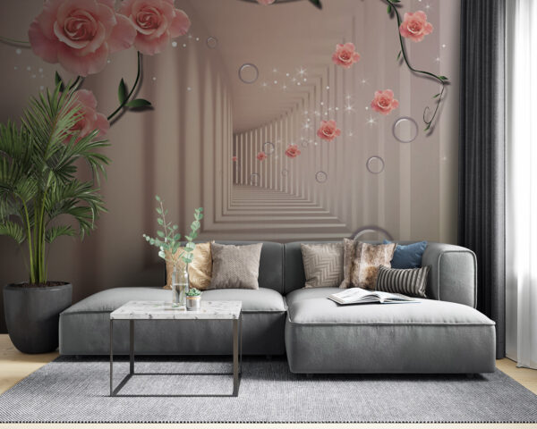 Wallpaper with pink roses and white stairs Wallpaper with pink roses and white stairs