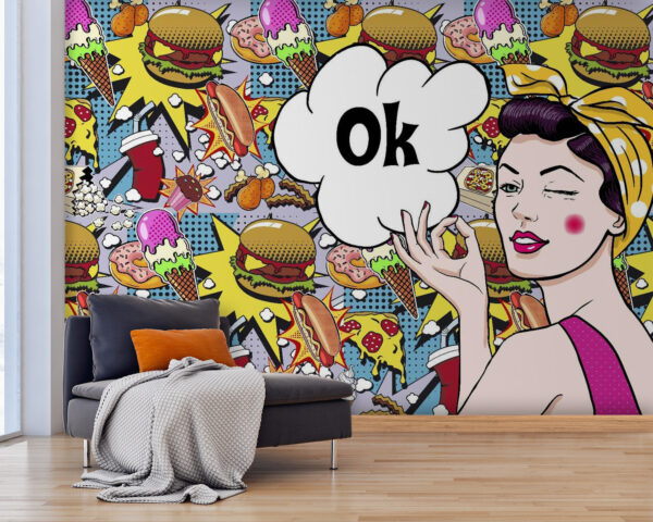 Wall murals Woman holding a bubble with food (SKU: u60254) Wall murals Wall murals Woman holding a bubble with food (SKU: u60254)