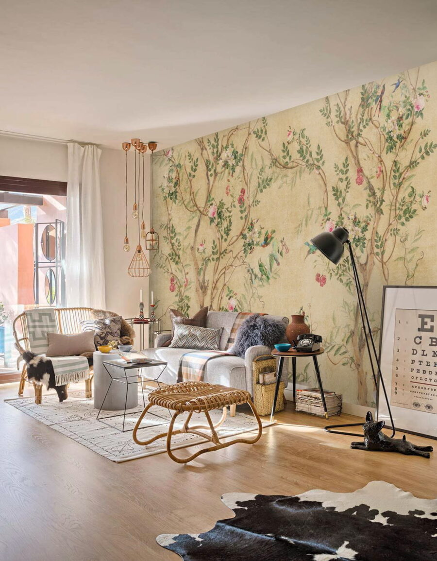Wall murals Wallpaper with birds and flowers