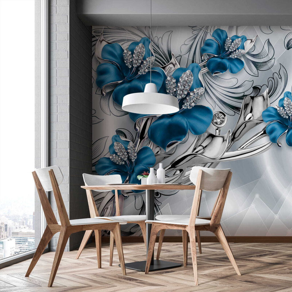 Silver and blue flowers on a silver and black background Silver and blue flowers on a silver and black background