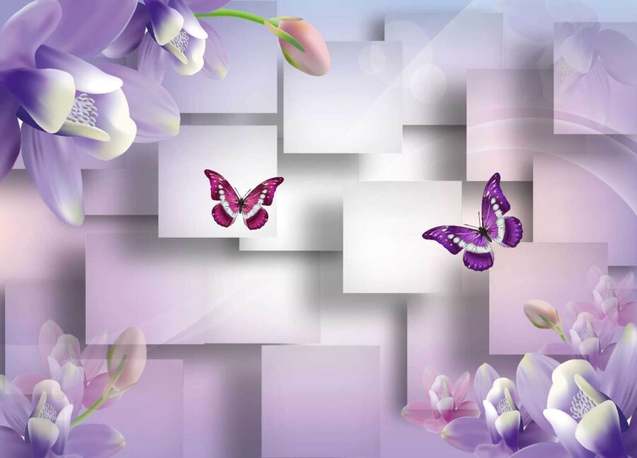 Purple and white flowers and butterflies