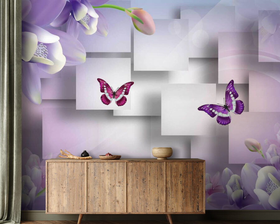 Purple and white flowers and butterflies