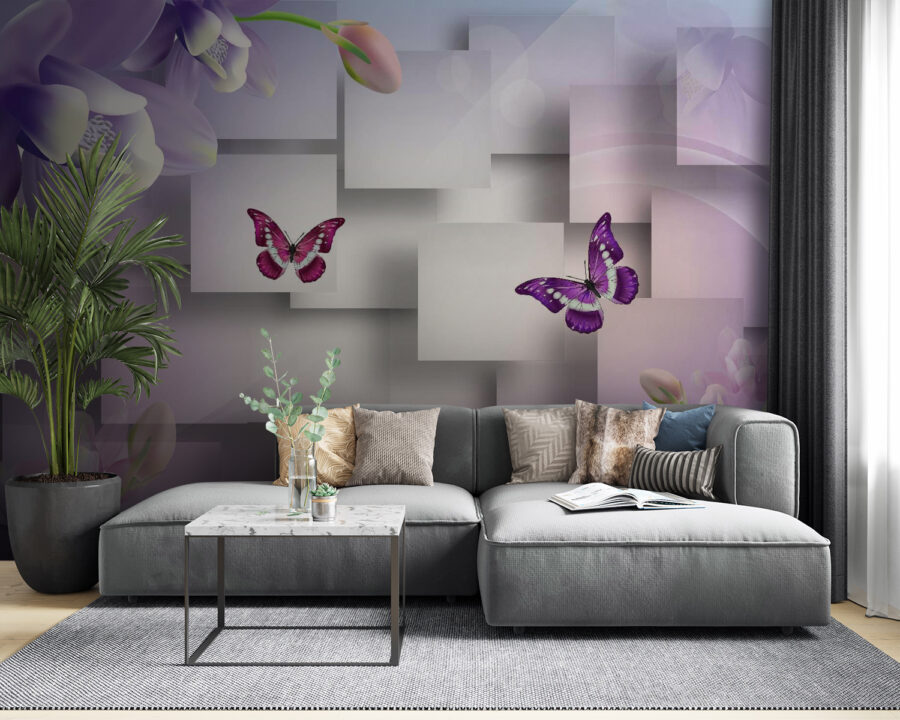 Purple and white flowers and butterflies