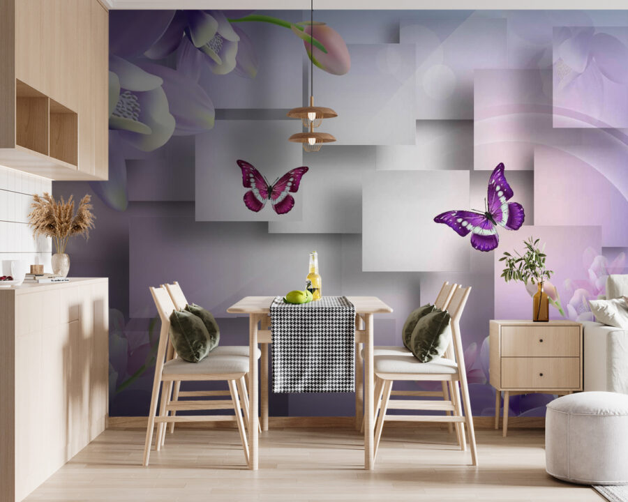 Purple and white flowers and butterflies
