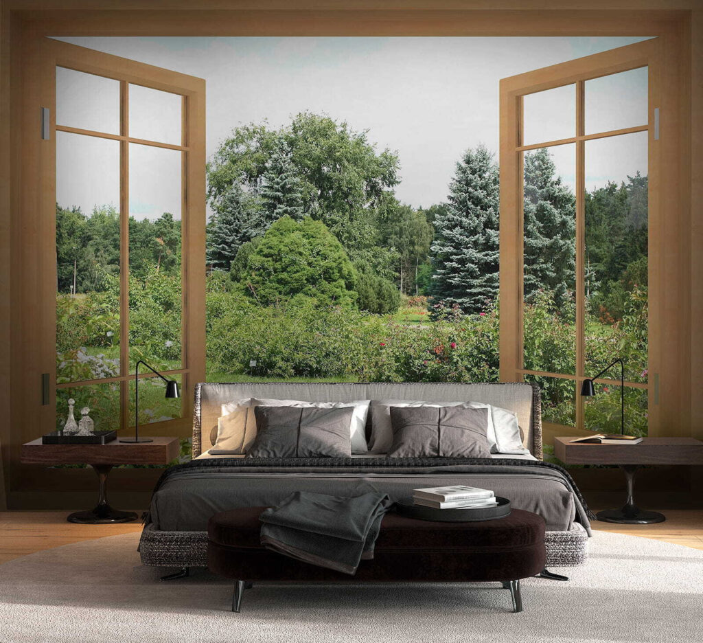 Window with trees and a path through it