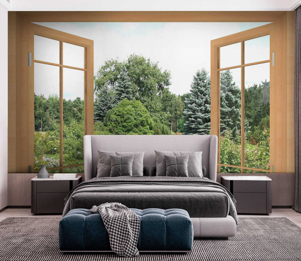 Window with trees and a path through it