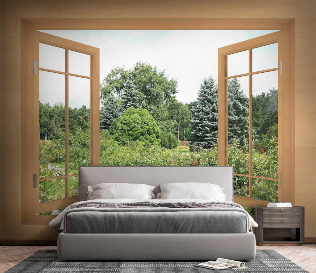 Window with trees and a path through it