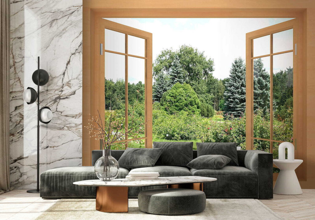 Window with trees and a path through it