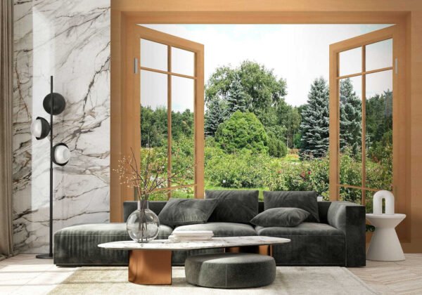 Window with trees and a path through it