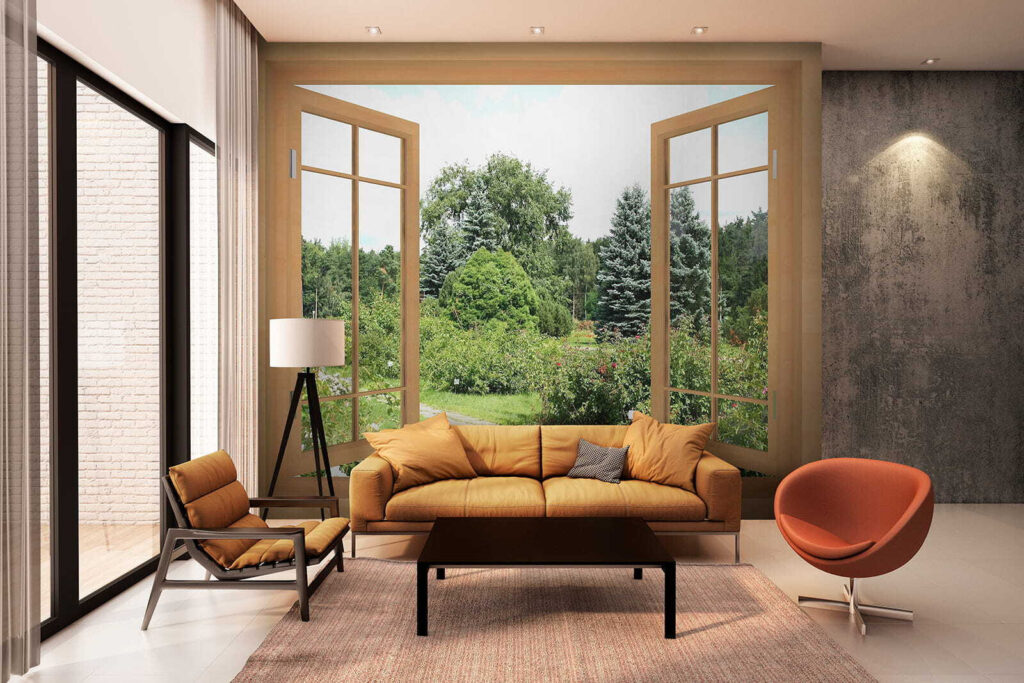 Window with trees and a path through it