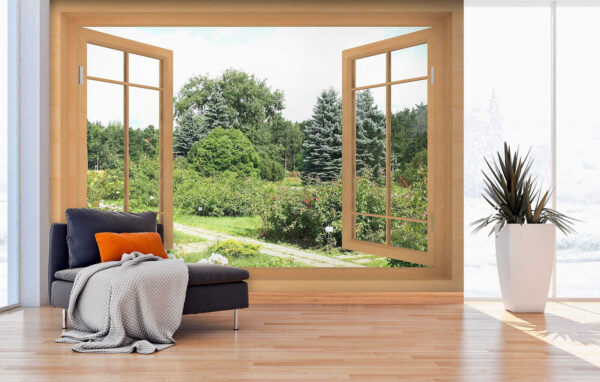 Window with trees and a path through it