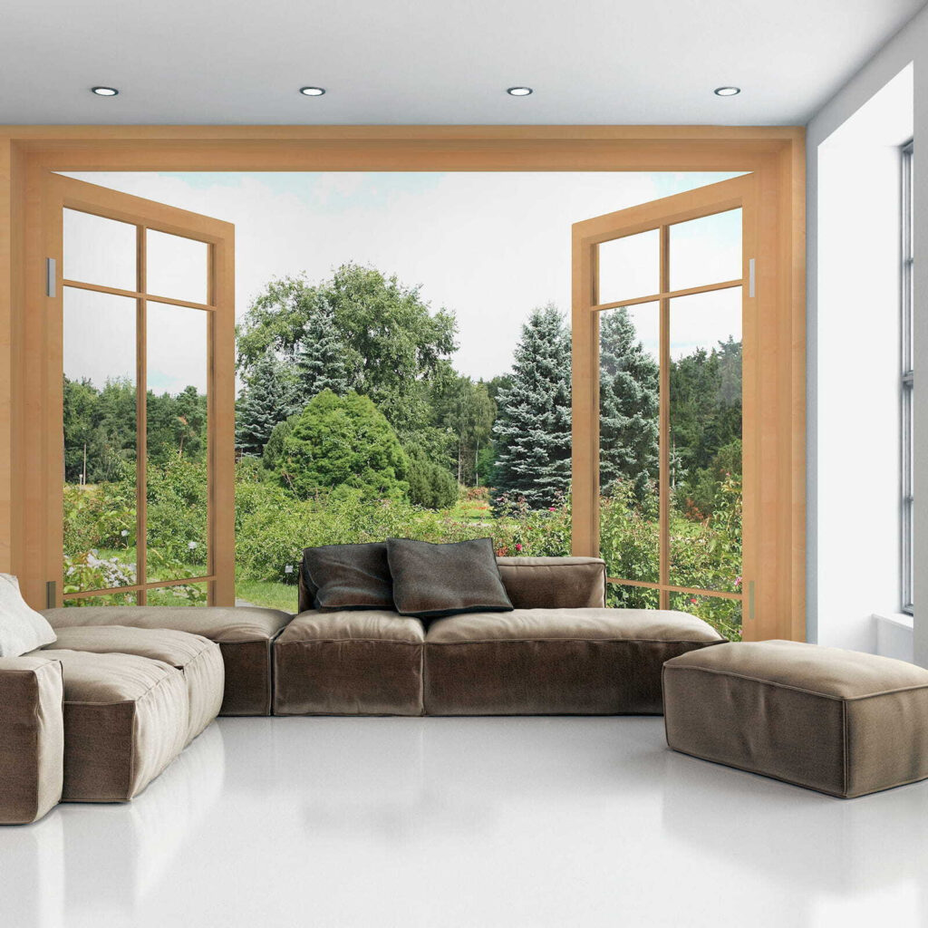 Window with trees and a path through it