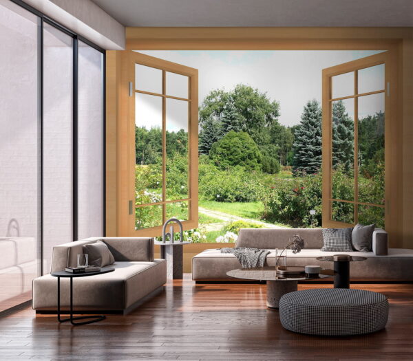 Window with trees and a path through it