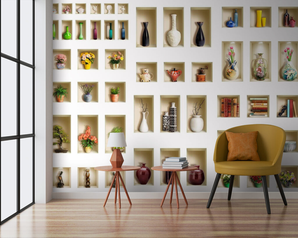 Wall with shelves full of vases and flowers