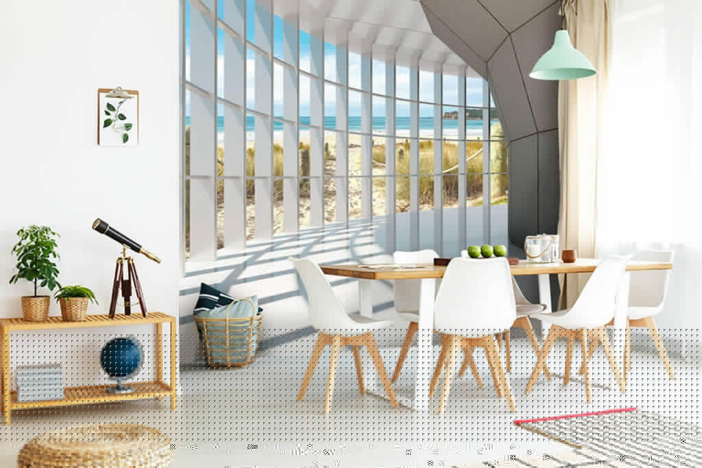 Large room with windows and a beach view Large room with windows and a beach view