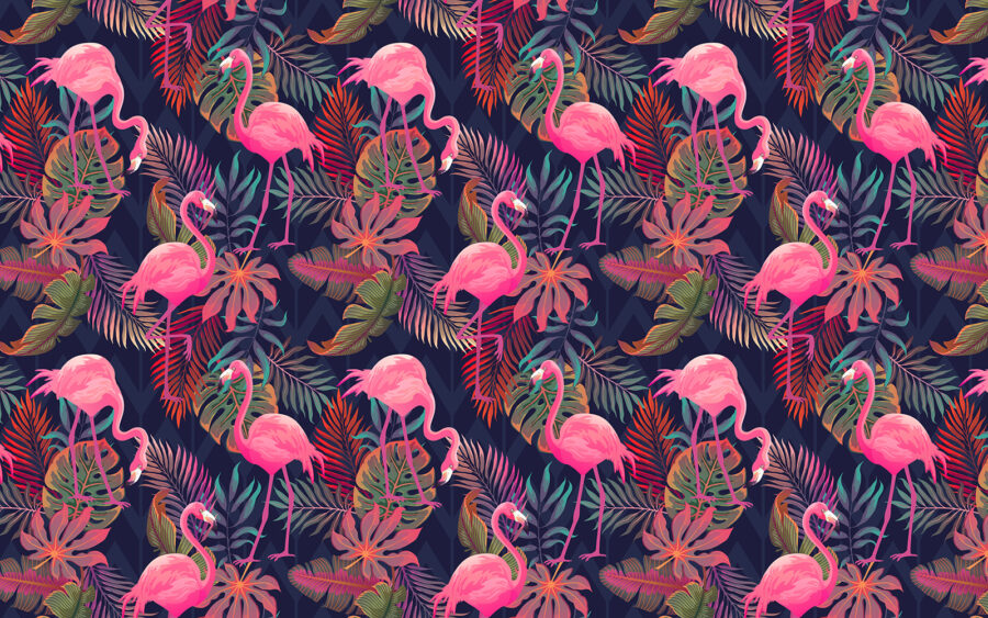 A pattern of pink flamingos and leaves A pattern of pink flamingos and leaves