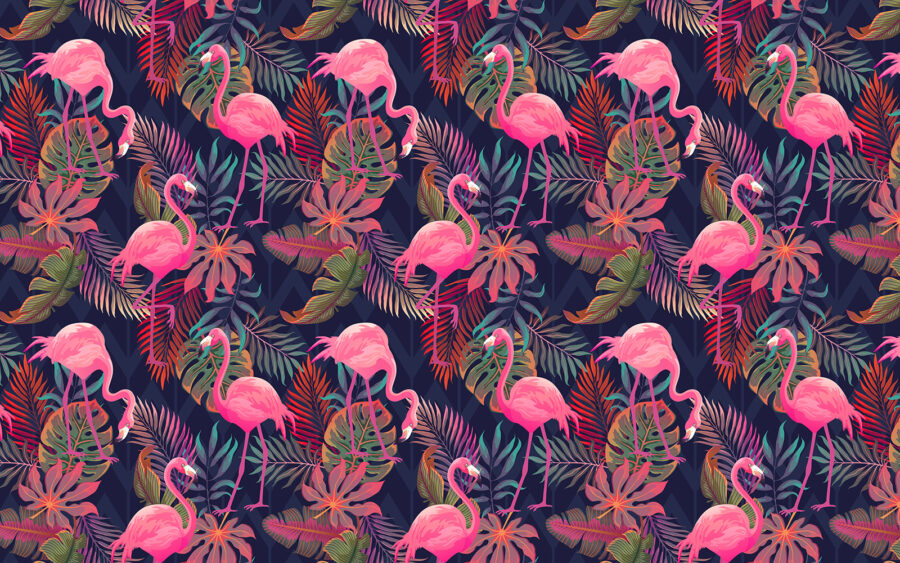 A pattern of pink flamingos and leaves