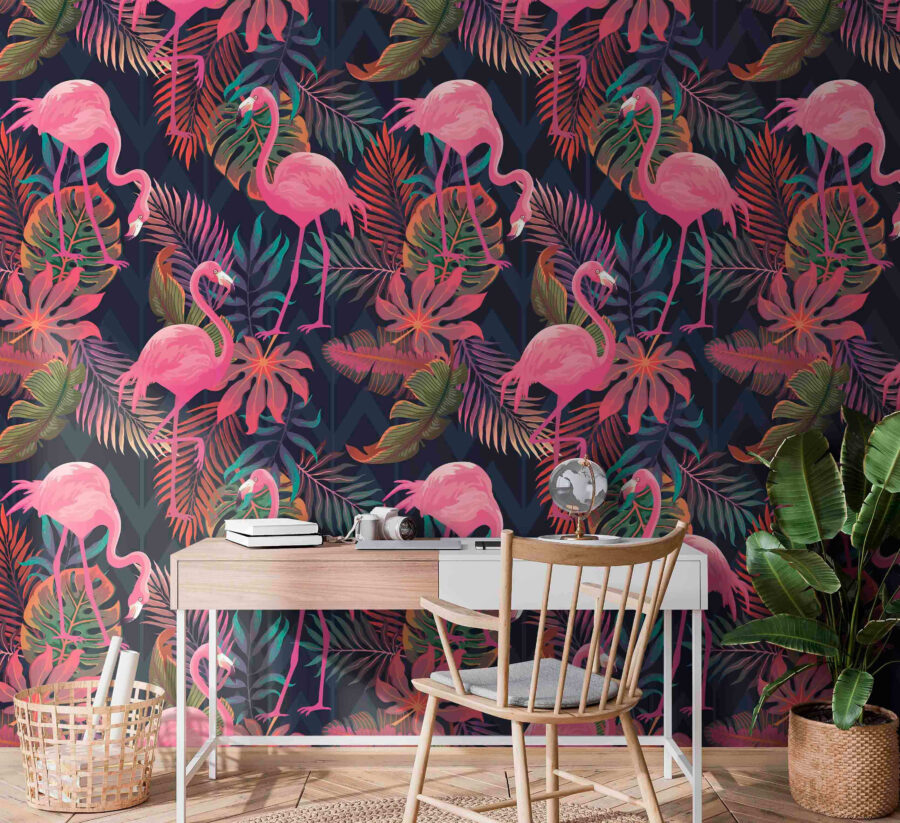 A pattern of pink flamingos and leaves