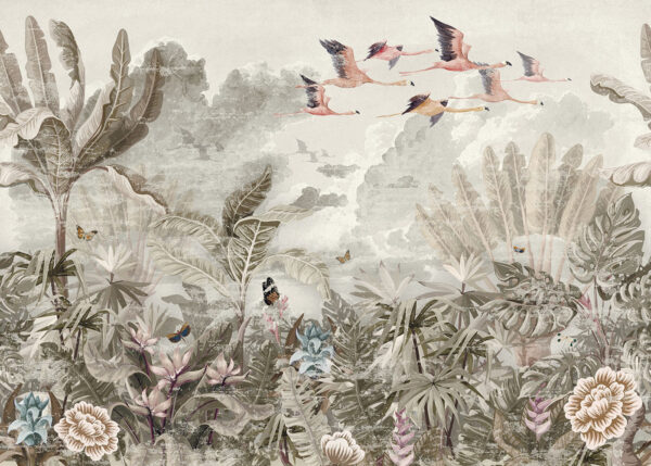 Mural of birds flying over a forest