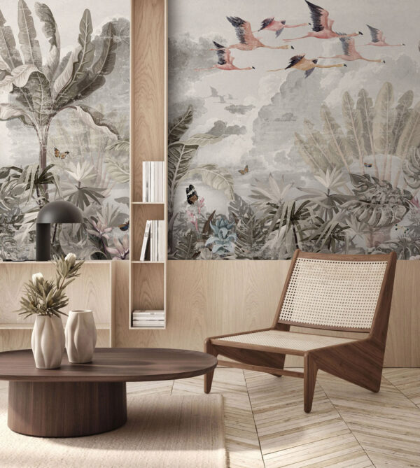 Mural of birds flying over a forest