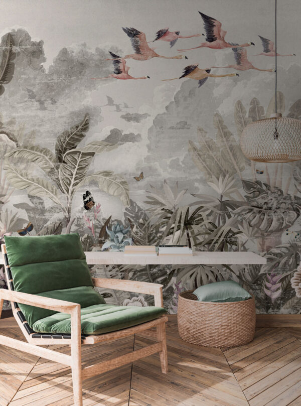 Mural of birds flying over a forest