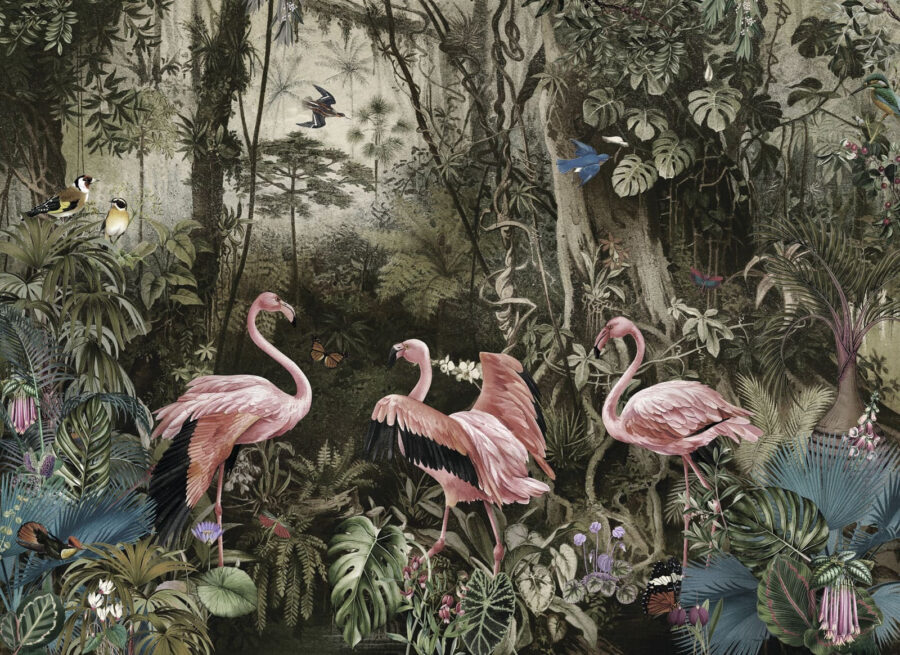 Group of pink flamingos in a forest