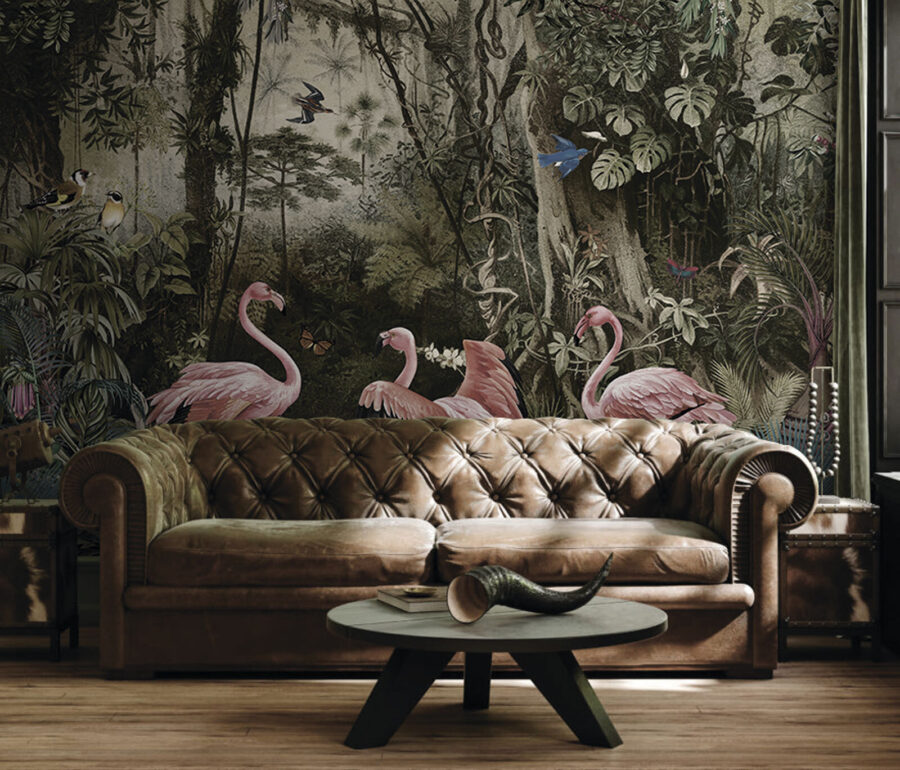 Group of pink flamingos in a forest