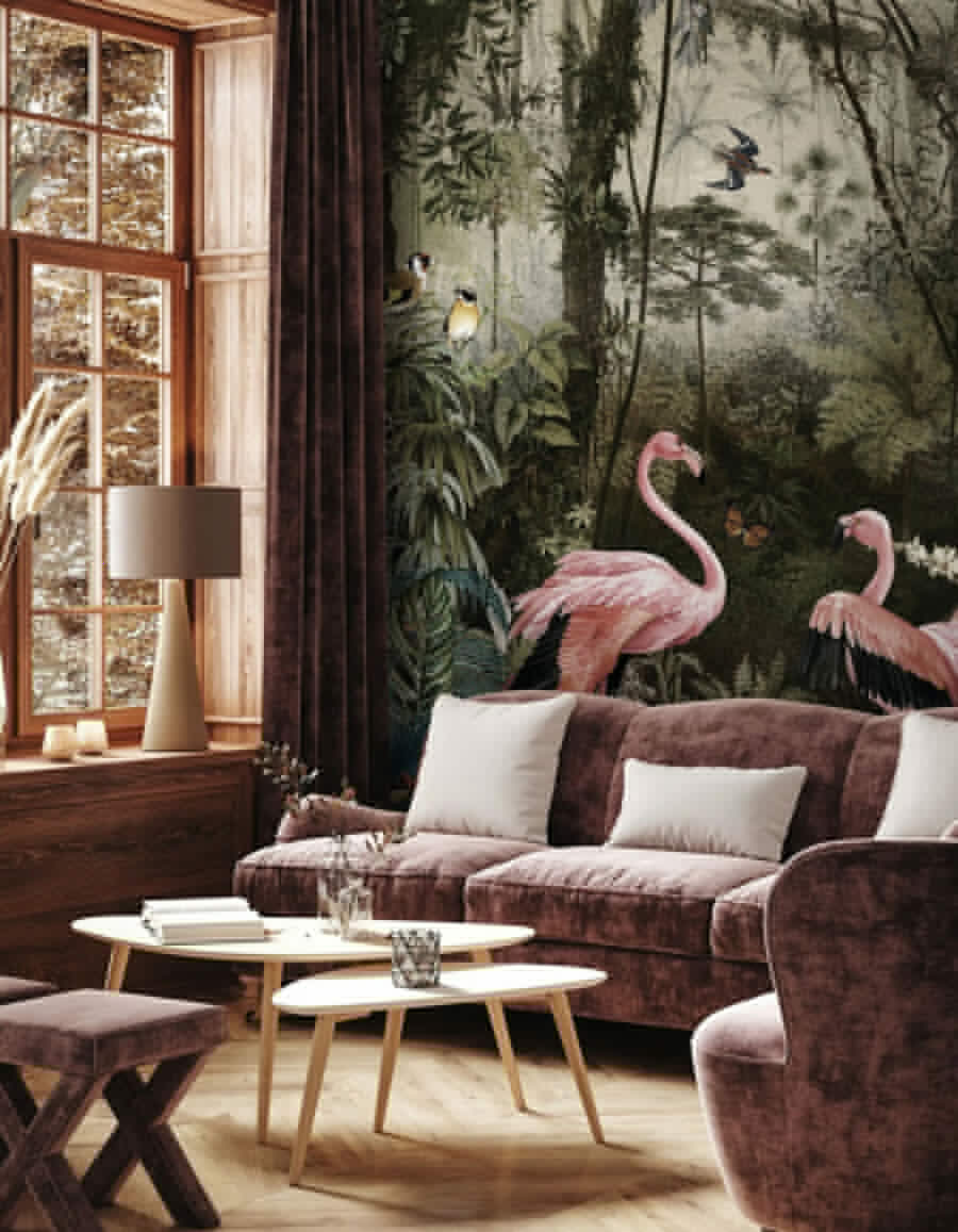 Group of pink flamingos in a forest Group of pink flamingos in a forest