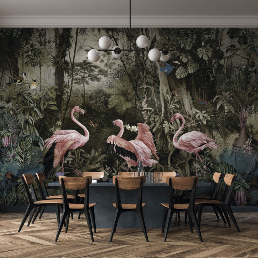 Group of pink flamingos in a forest