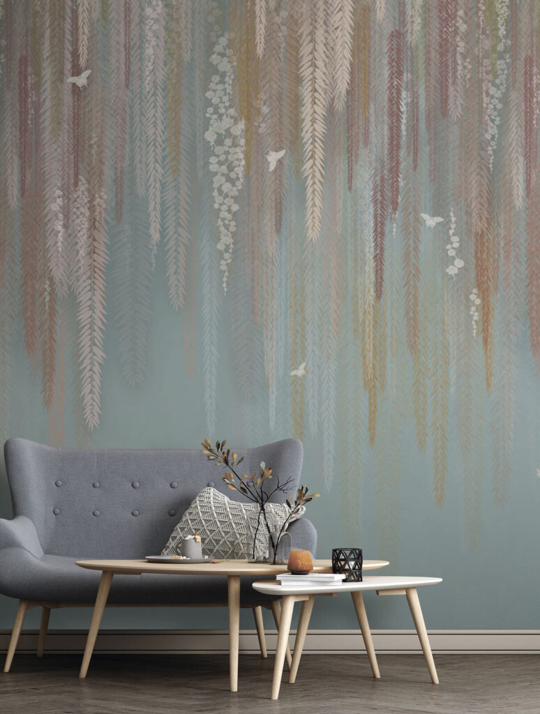 Wallpaper with a pattern of leaves and birds Wallpaper with a pattern of leaves and birds