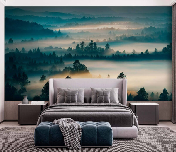 Foggy landscape with trees and mountains Foggy landscape with trees and mountains