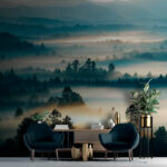 Wall murals Foggy landscape with trees and mountains