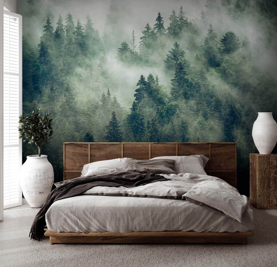 Wall murals Forest of trees with fog - Image 2