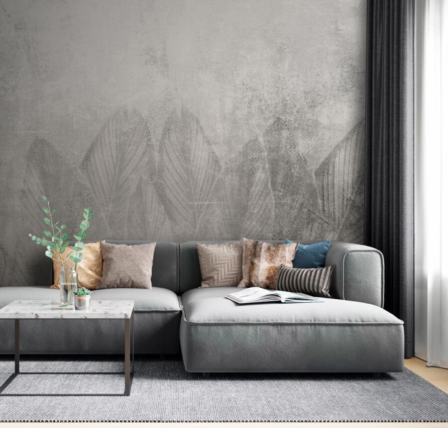 Wall murals White and grey background with leaves - Image 2