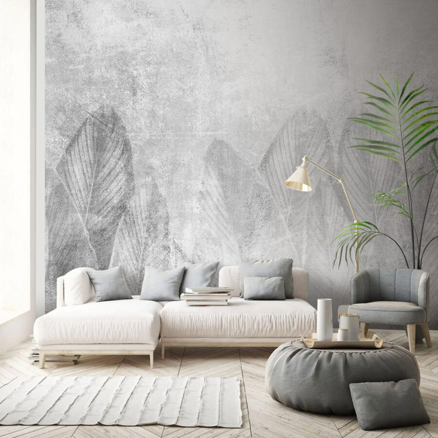 Wall murals White and grey background with leaves - Image 3