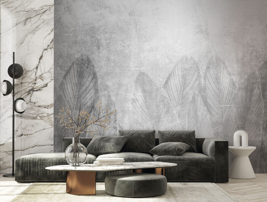 Wall murals White and grey background with leaves - Image 4