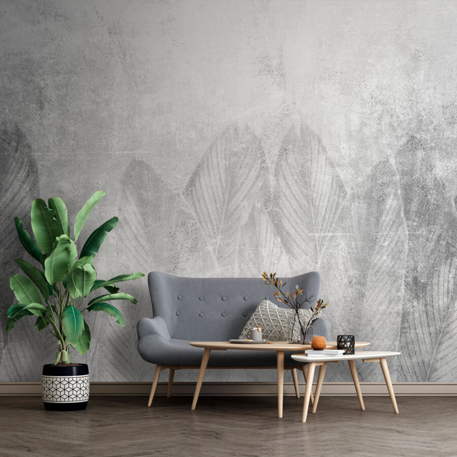 Wall murals White and grey background with leaves - Image 5
