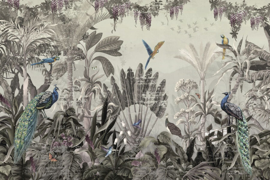 Wallpaper with birds and plants