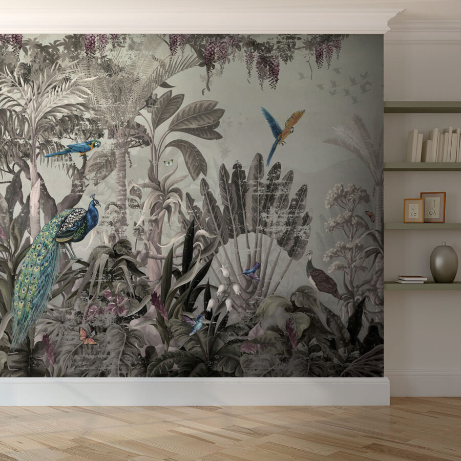 Wallpaper with birds and plants